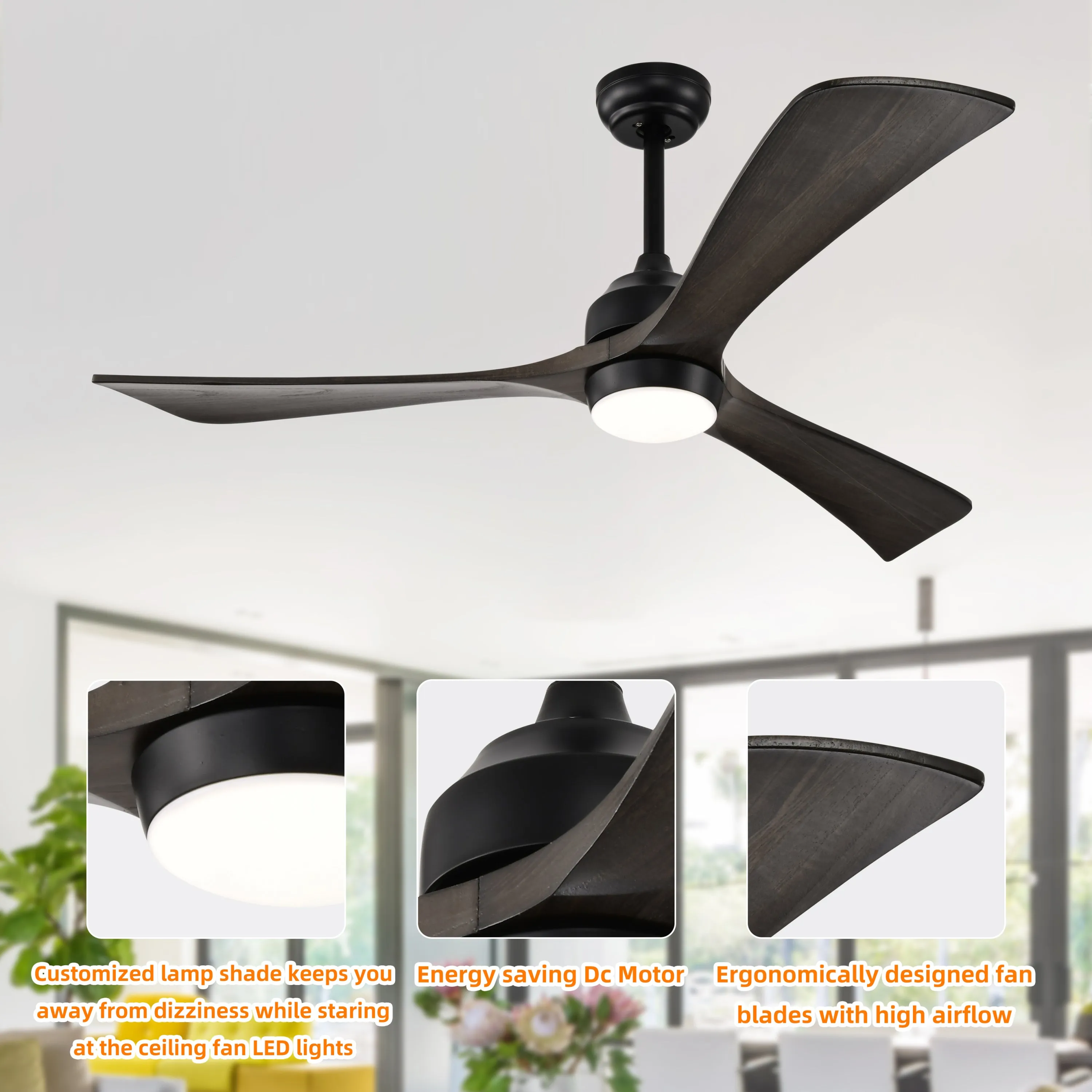 52" Matte Black   Dark Walnut Remote Control Silent Ceiling Fan Light, Reversible Ceiling Fan