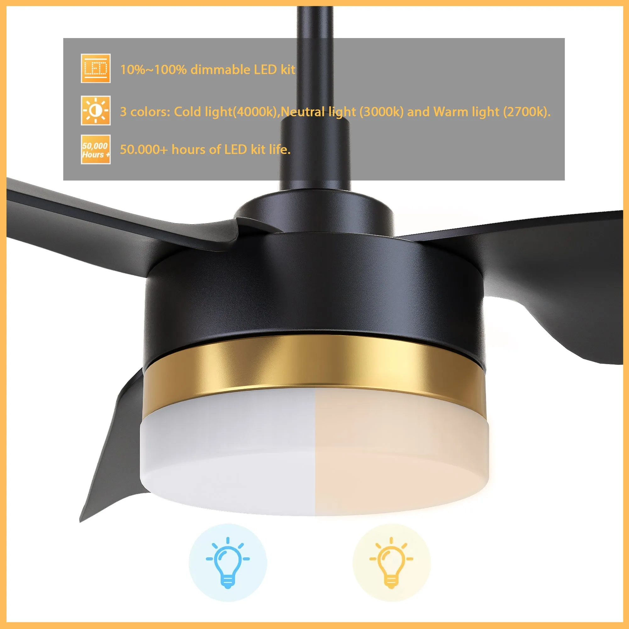 ATTICUS 52 inch 3-Blade Smart Ceiling Fan with LED Light Kit & Remote Control- Black/Black (Gold Detail)