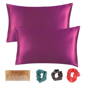 BePlush Satin Pillow Cover Set Of 2 with Envelope Closure and 3 Satin Scrunchies | Silk Pillow Cover for Hair and Skin Care | Includes 1 Wooden Comb | Hair & Skin Care Gift Combo | 400TC | Dark Brown