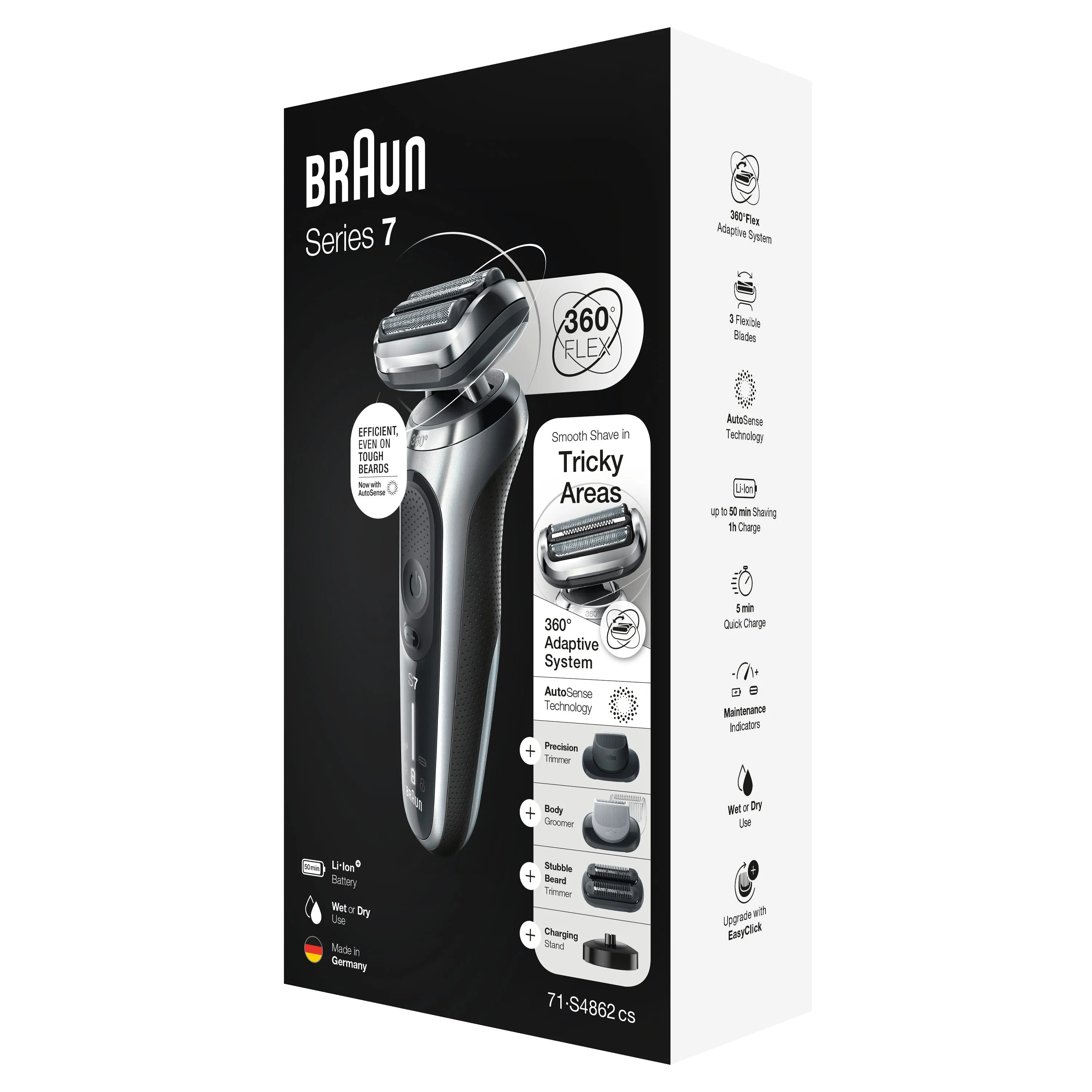 Braun Series 7 71-S4862cs Electric Shaver with Precision Trimmer, Stubble Beard Trimmer, Body Groomer and Charging Stand, Wet & Dry, Rechargeable, Cordless Foil Shaver, Silver.