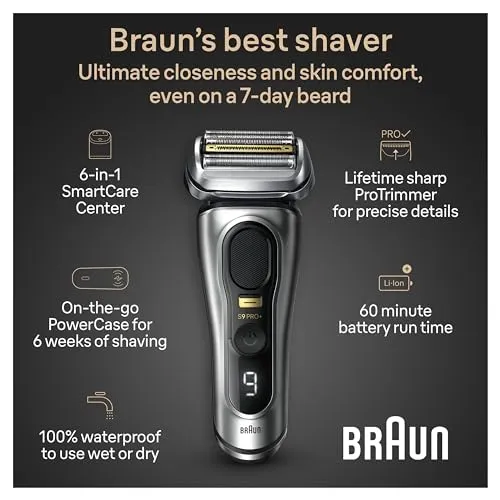 Braun Series 9 PRO  9577cc Electric Razor for Men, 5 Pro Shave Elements & Precision Long Hair Trimmer, 6in1 SmartCare Center, PowerCase for Mobile Charging, Wet & Dry, 60min Battery Runtime