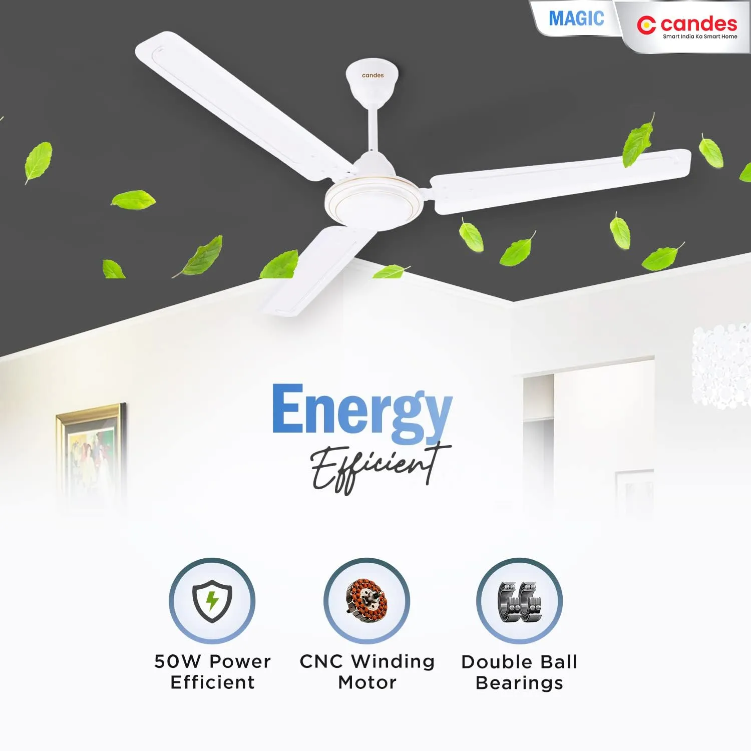 Candes Magic Ceiling Fans for Home 1200mm / 48 inch | BEE 3 Star Rated, High Air Delivery, Noiseless & Energy Efficient | 1 1 Years Warranty | White