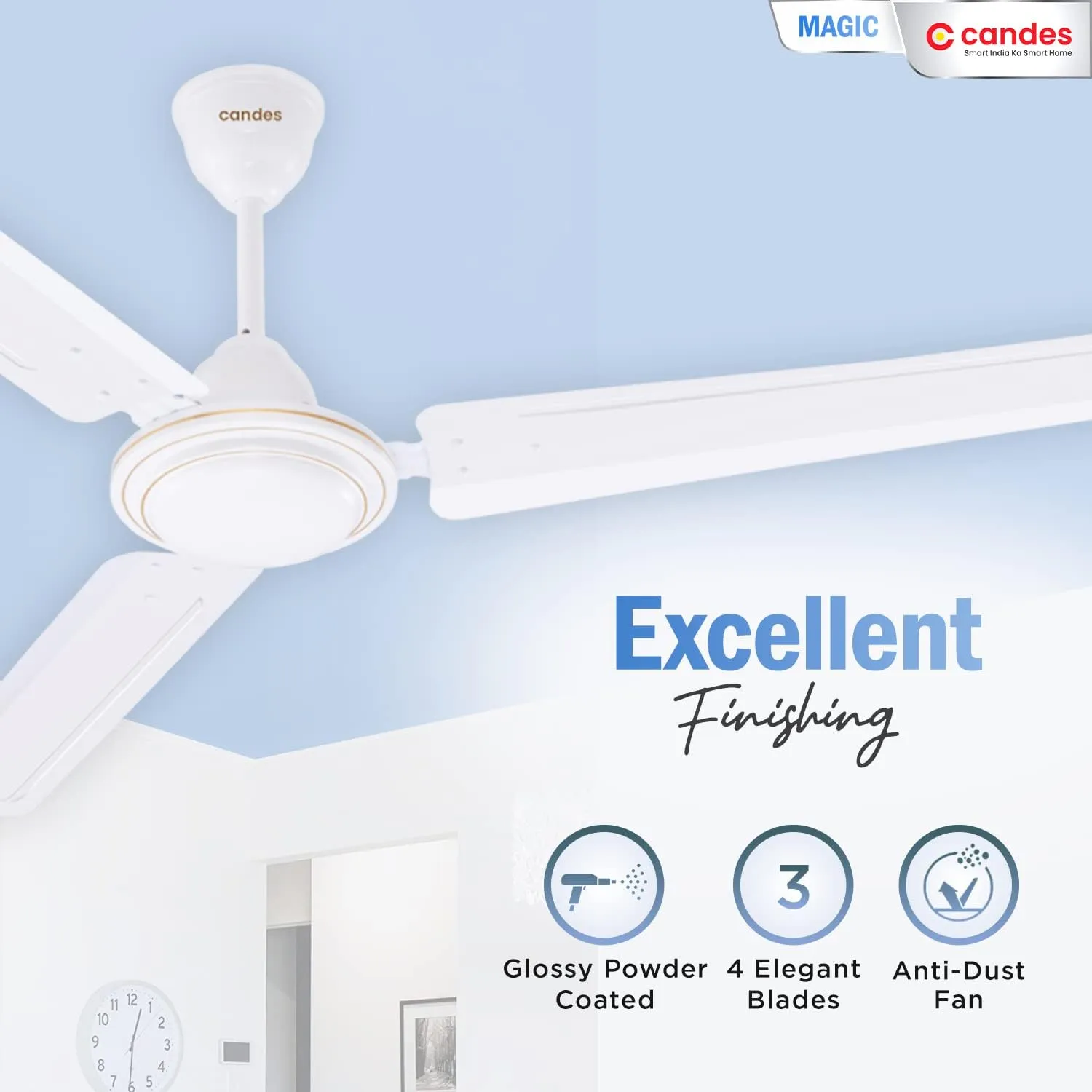 Candes Magic Ceiling Fans for Home 1200mm / 48 inch | BEE 3 Star Rated, High Air Delivery, Noiseless & Energy Efficient | 1 1 Years Warranty | White