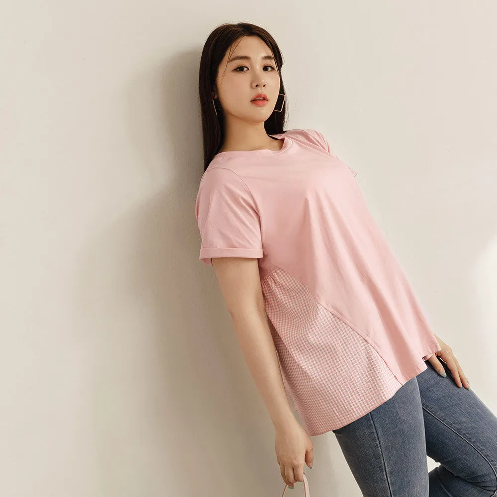 Casual Basic Solid Checks Cotton Oversized T-Shirt Top