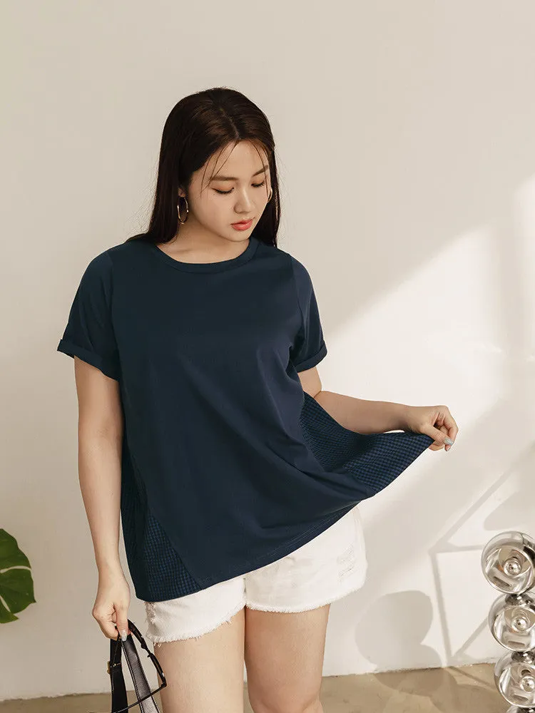 Casual Basic Solid Checks Cotton Oversized T-Shirt Top