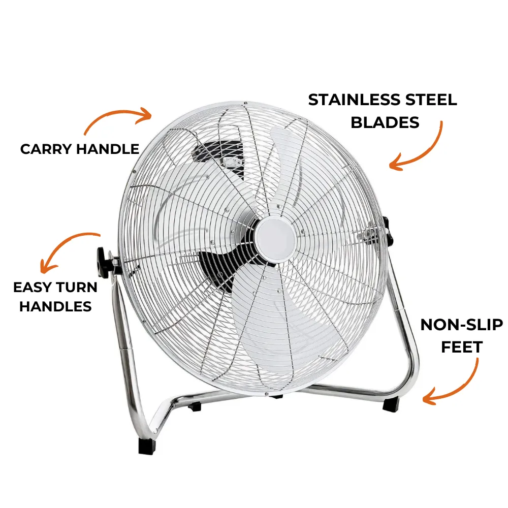 Chrome Metal High Speed Floor Fan - 12" - 20" - 3 Speed Settings