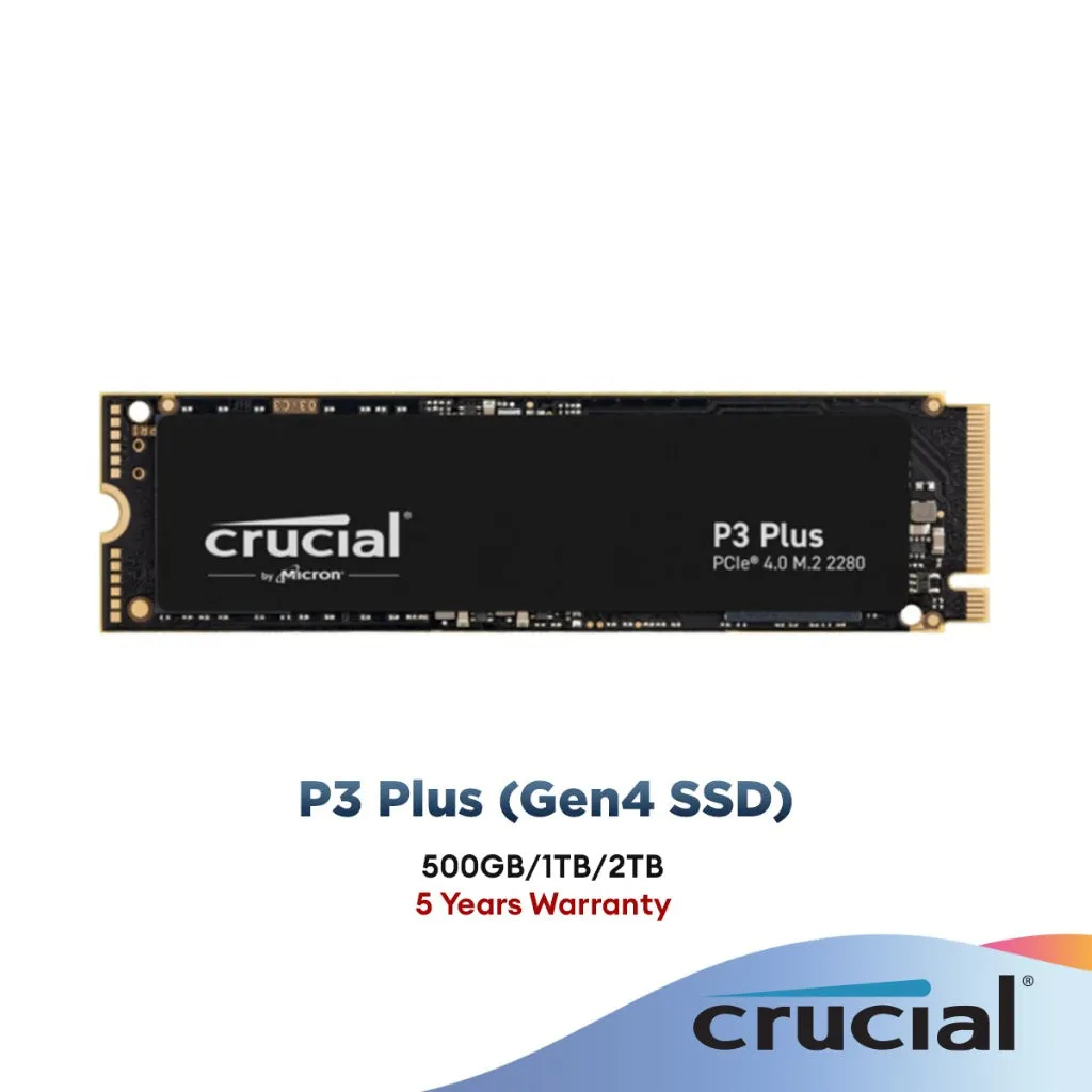 Crucial P3 (GEN3) / P3 Plus (GEN4) NVMe PCIe M.2 2280 Internal SSD Desktop/Laptop SSD Storage (250GB/500GB/1TB/2TB)