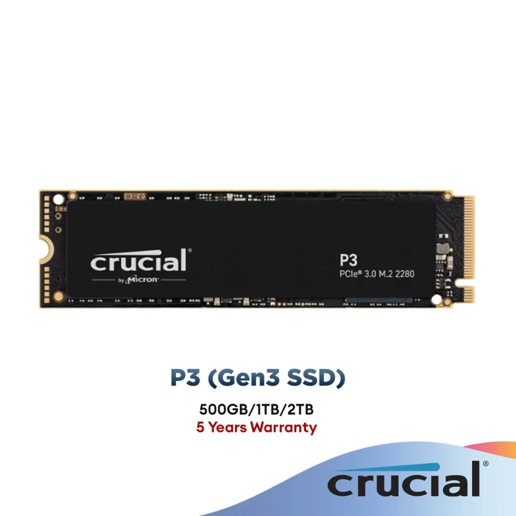 Crucial P3 (GEN3) / P3 Plus (GEN4) NVMe PCIe M.2 2280 Internal SSD Desktop/Laptop SSD Storage (250GB/500GB/1TB/2TB)