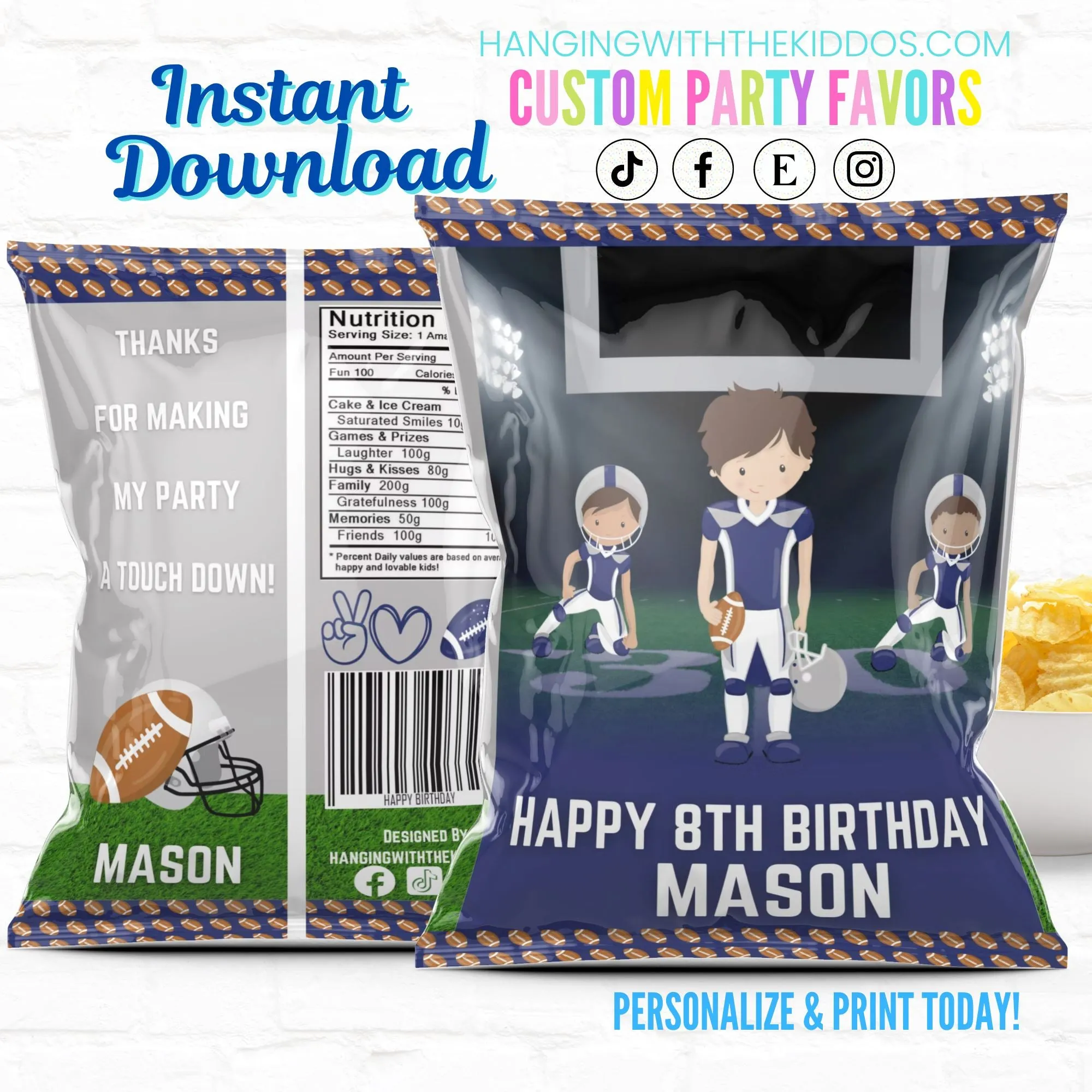 Football Party Favors Personalized Chip Bags|Printable File 02