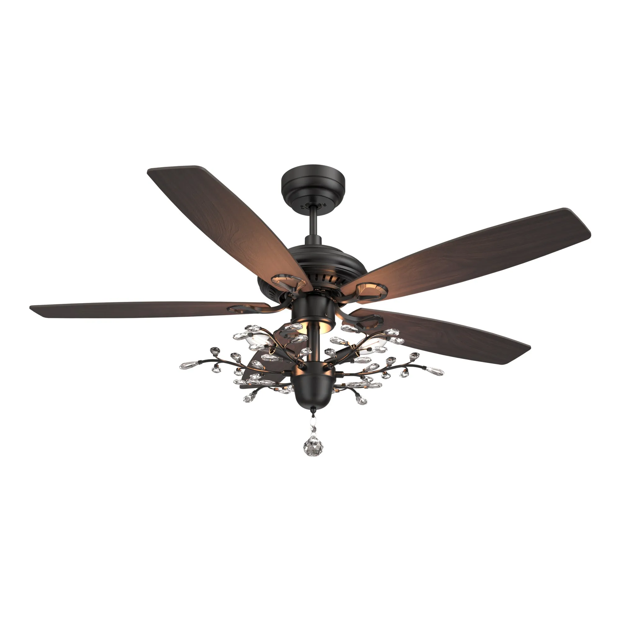 HUNTLEY 52 inch 5-Blade Crystal Ball Pendant Ceiling Fan with Light & Remote Control - Black/Light Wood & Walnut (Reversible Blades)