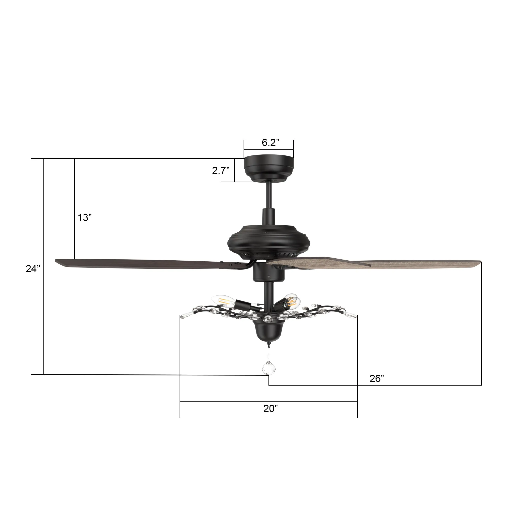 HUNTLEY 52 inch 5-Blade Crystal Ball Pendant Ceiling Fan with Light & Remote Control - Black/Light Wood & Walnut (Reversible Blades)