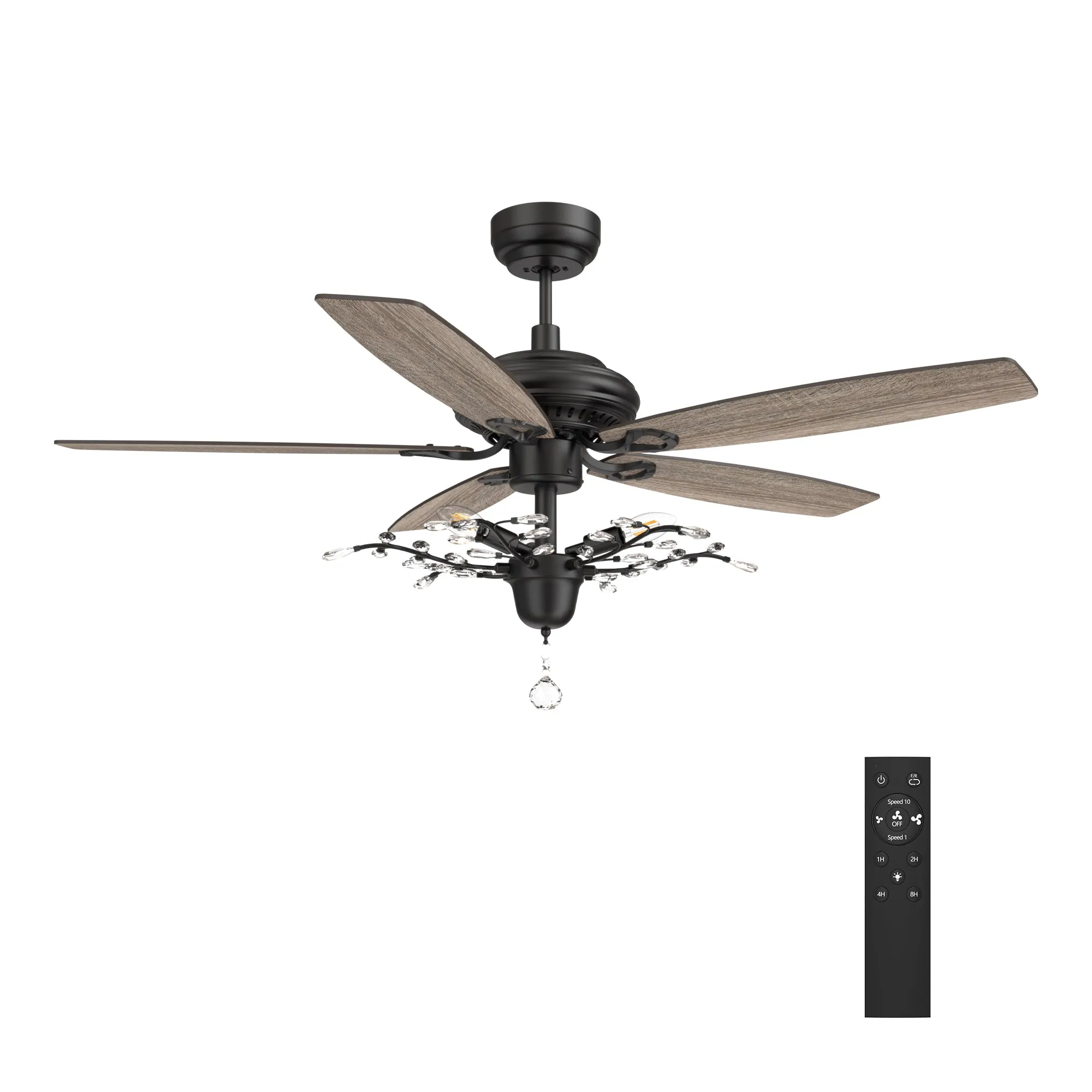 HUNTLEY 52 inch 5-Blade Crystal Ball Pendant Ceiling Fan with Light & Remote Control - Black/Light Wood & Walnut (Reversible Blades)