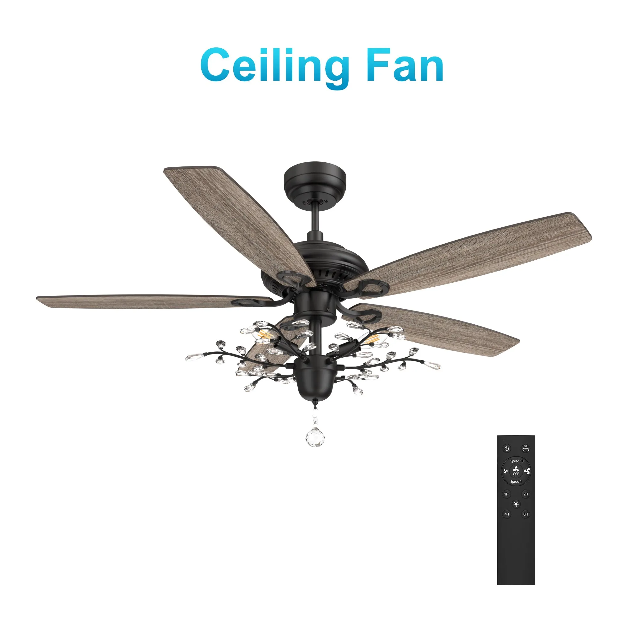 HUNTLEY 52 inch 5-Blade Crystal Ball Pendant Ceiling Fan with Light & Remote Control - Black/Light Wood & Walnut (Reversible Blades)