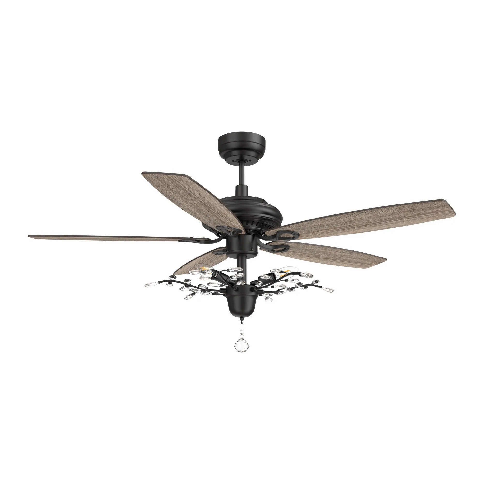 HUNTLEY 52 inch 5-Blade Crystal Ball Pendant Ceiling Fan with Light & Remote Control - Black/Light Wood & Walnut (Reversible Blades)