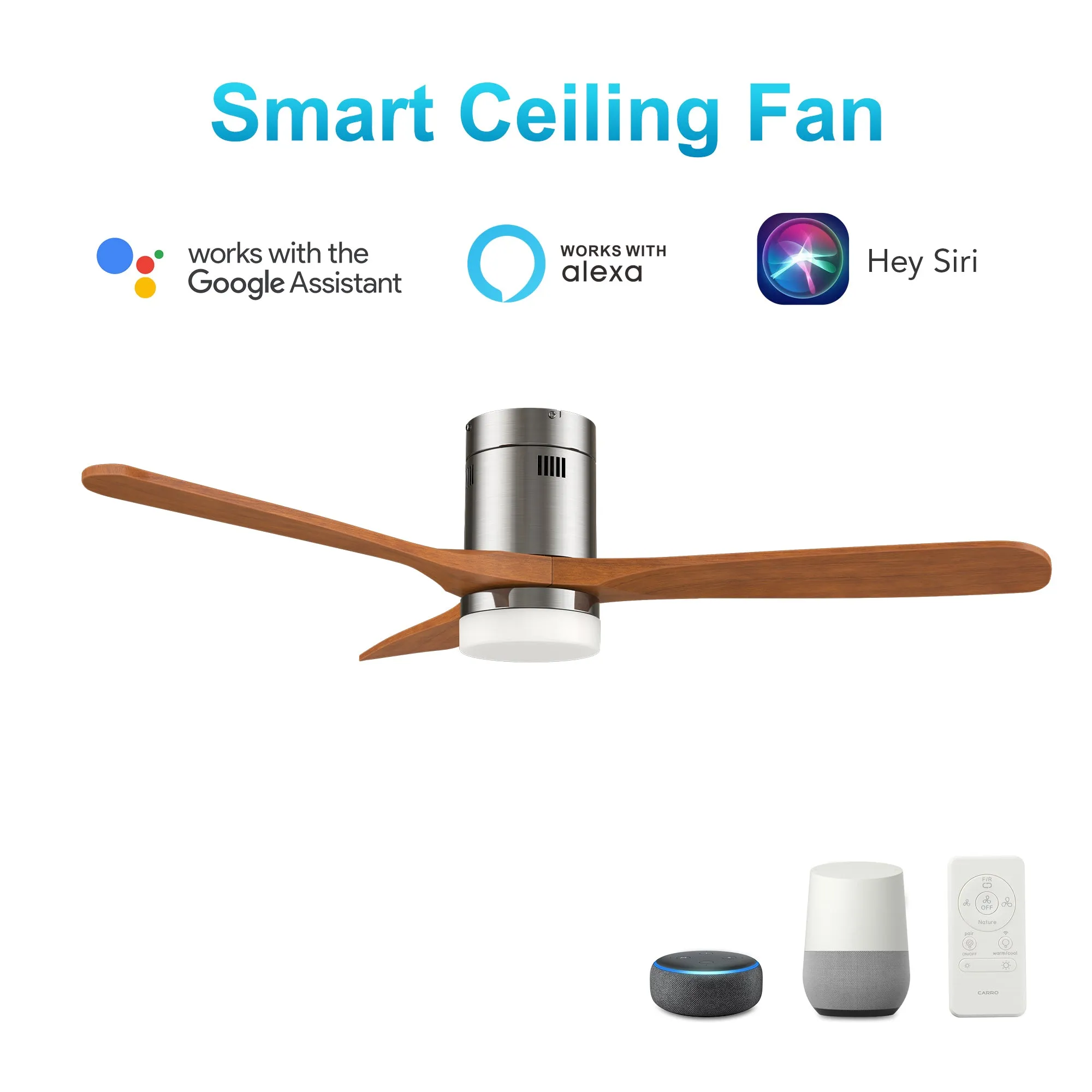 LABELLE 52 inch 3-Blade Flush Mount Smart Ceiling Fan with LED Light Kit & Remote- Silver/Walnut