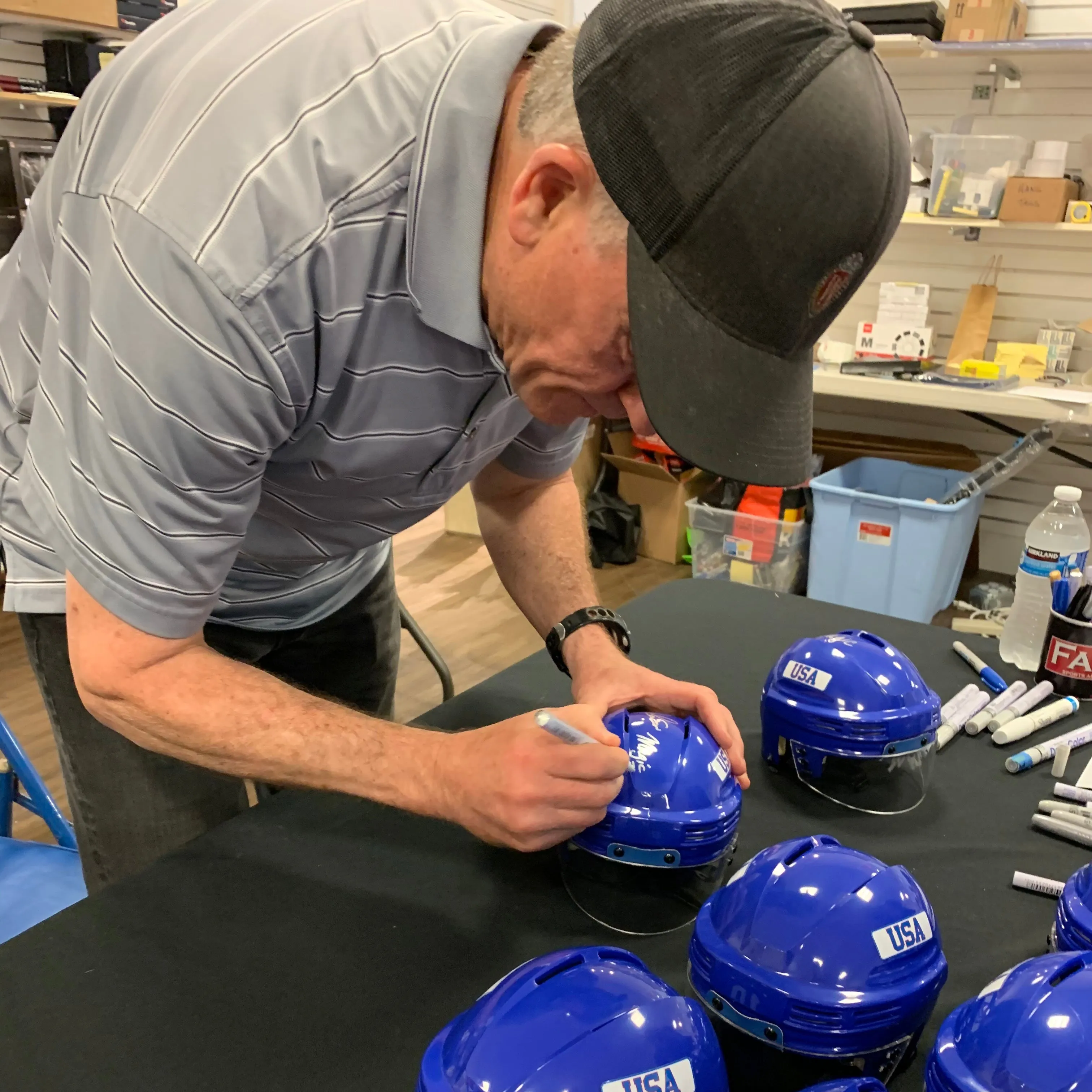 Mark Johnson Autographed Royal Blue Mini Helmet "USA" (Standard Number)