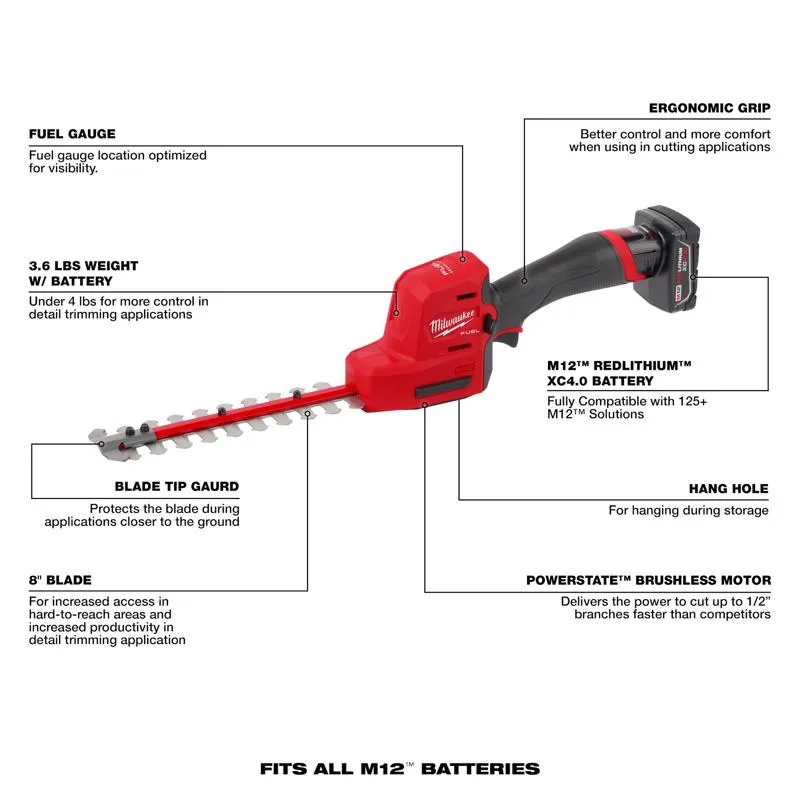 Milwaukee M12 FUEL 2533-21 8 in. 12 V Battery Hedge Trimmer Set Kit (Battery & Charger)