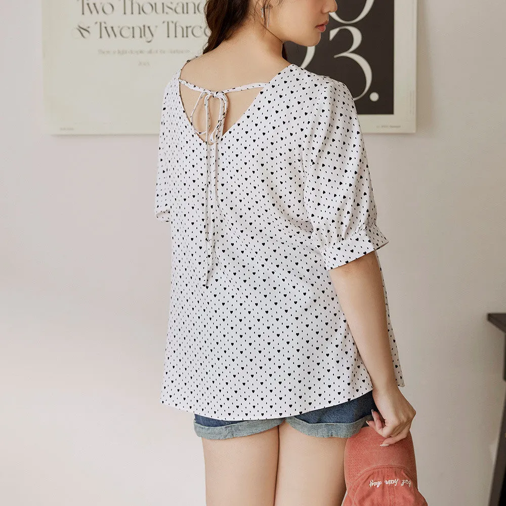 Ob Design Women Casual V-Neck Hearts Print Loose Blouse Top Plus Size