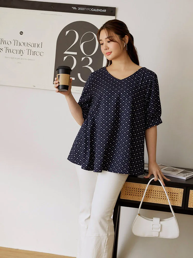 Ob Design Women Casual V-Neck Hearts Print Loose Blouse Top Plus Size