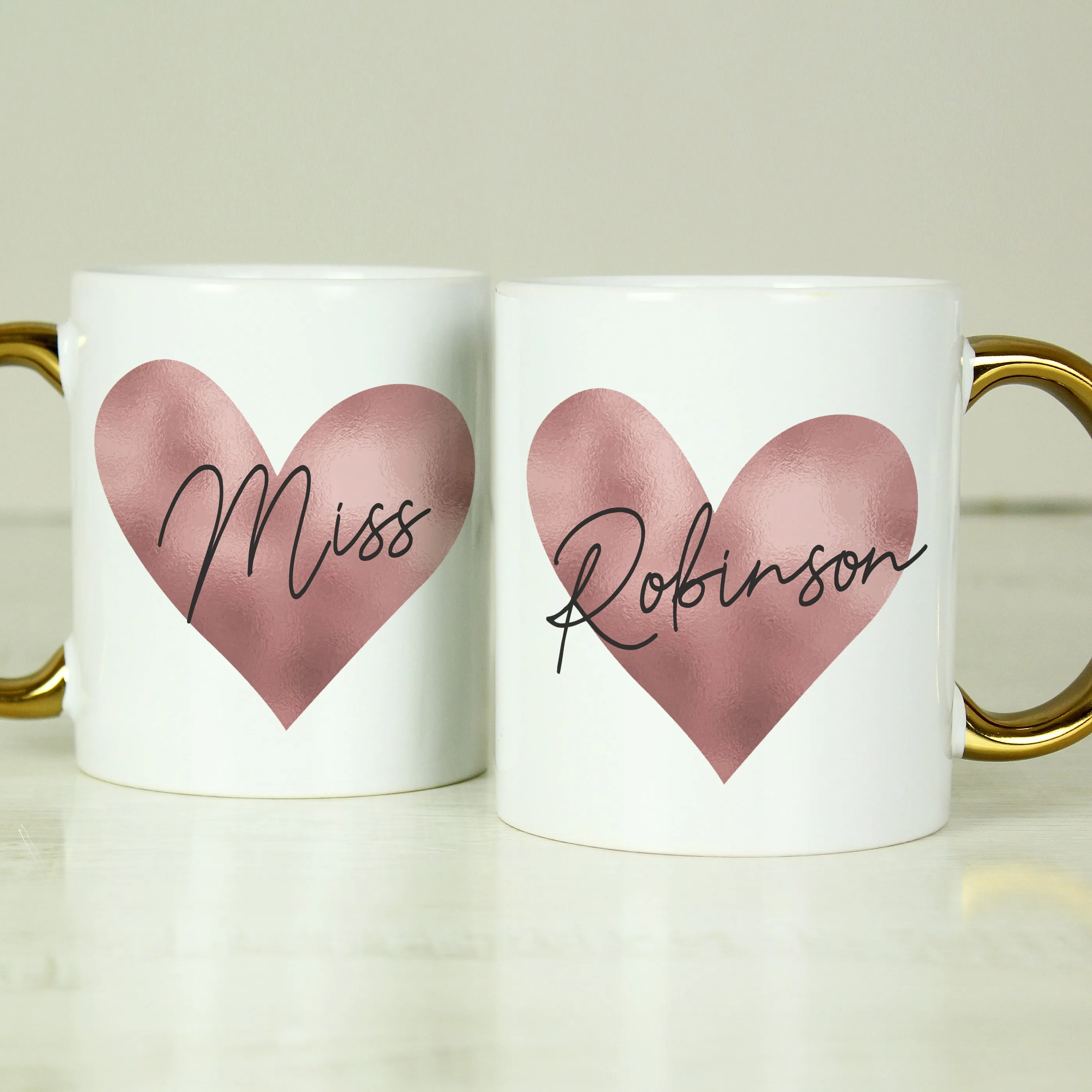 Personalised Rose Gold Heart HandLED Mug