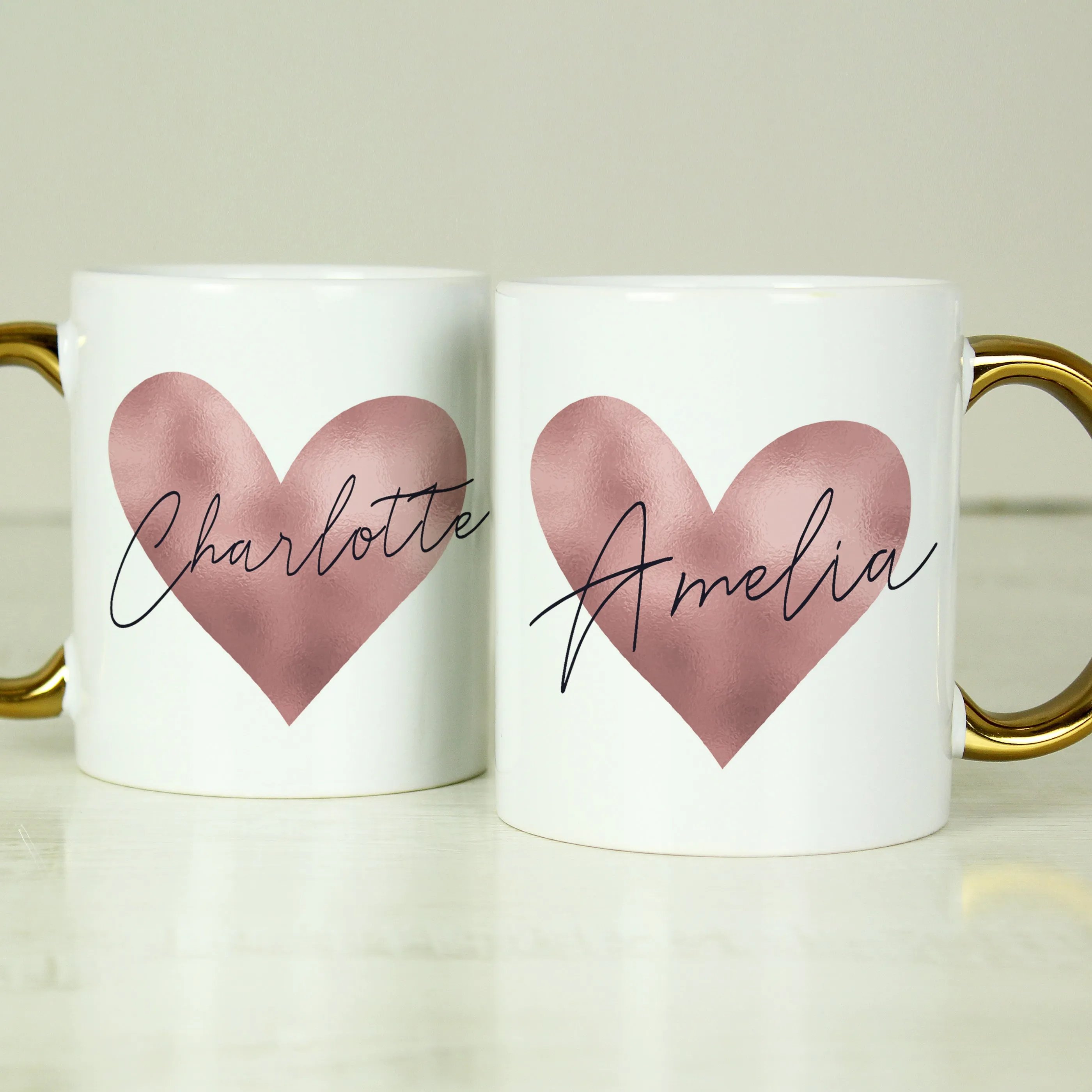 Personalised Rose Gold Heart HandLED Mug