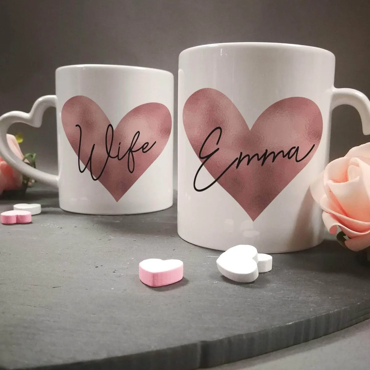 Personalised Rose Gold Heart HandLED Mug