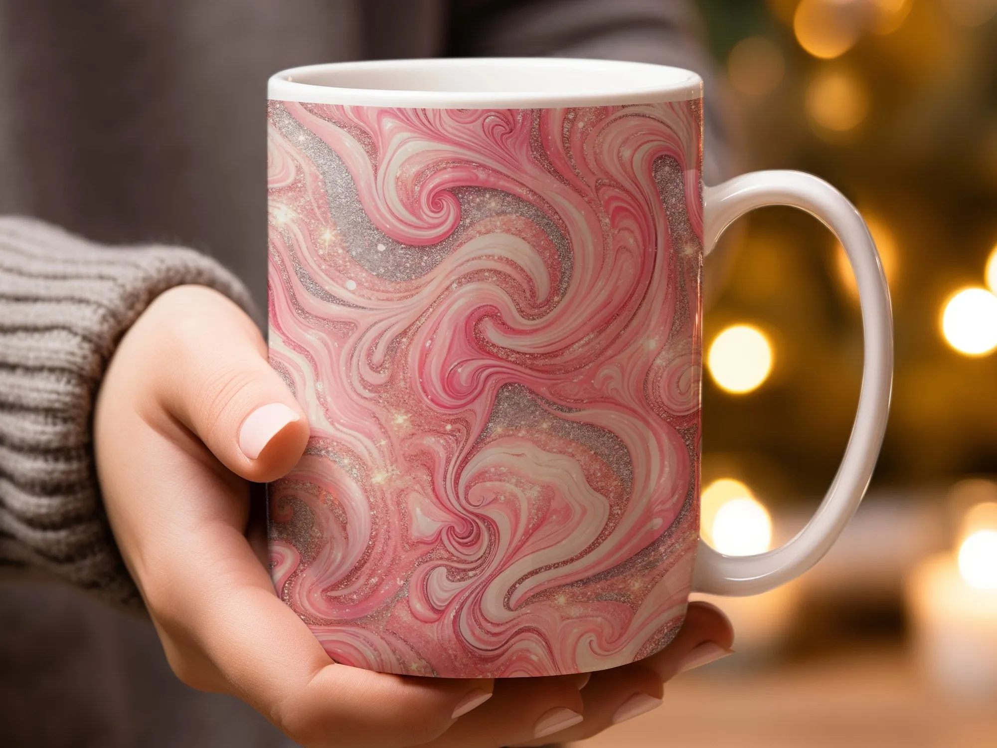 Pink Marble Swirl Coffee Mug, Faux Sparkling Glitter Pattern, Unique Gift for Her, Elegant Office Desk Accessory, Chic Birthday Present