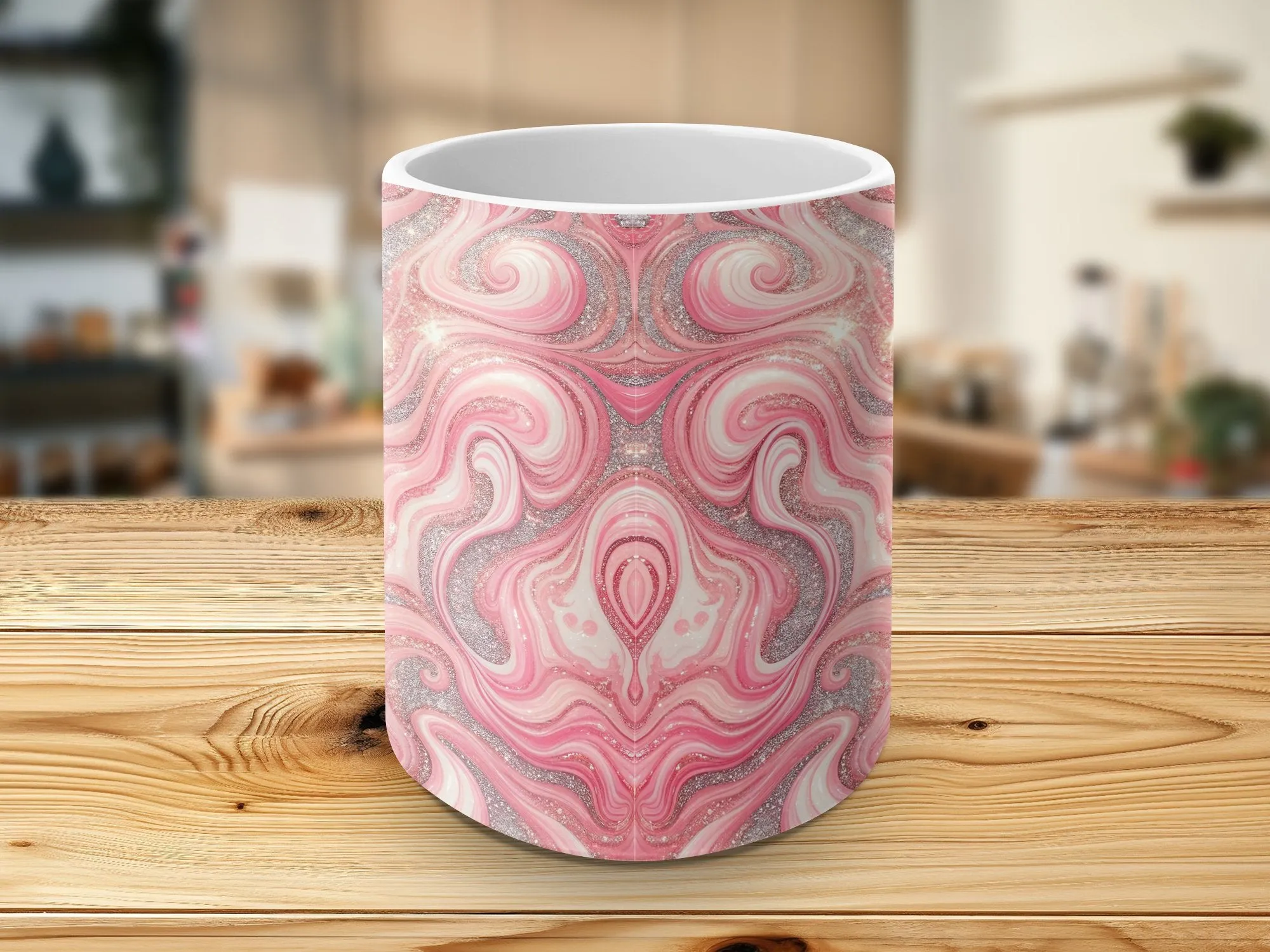 Pink Marble Swirl Coffee Mug, Faux Sparkling Glitter Pattern, Unique Gift for Her, Elegant Office Desk Accessory, Chic Birthday Present