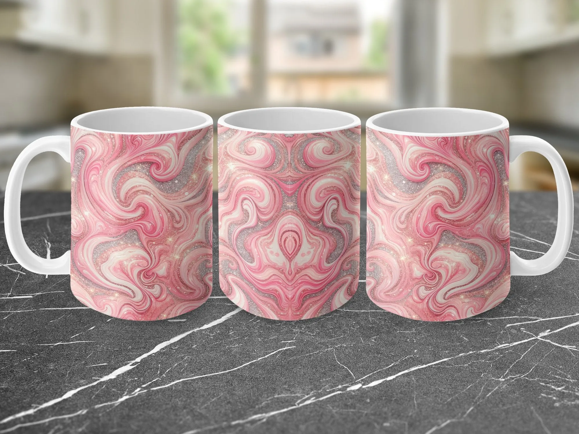 Pink Marble Swirl Coffee Mug, Faux Sparkling Glitter Pattern, Unique Gift for Her, Elegant Office Desk Accessory, Chic Birthday Present