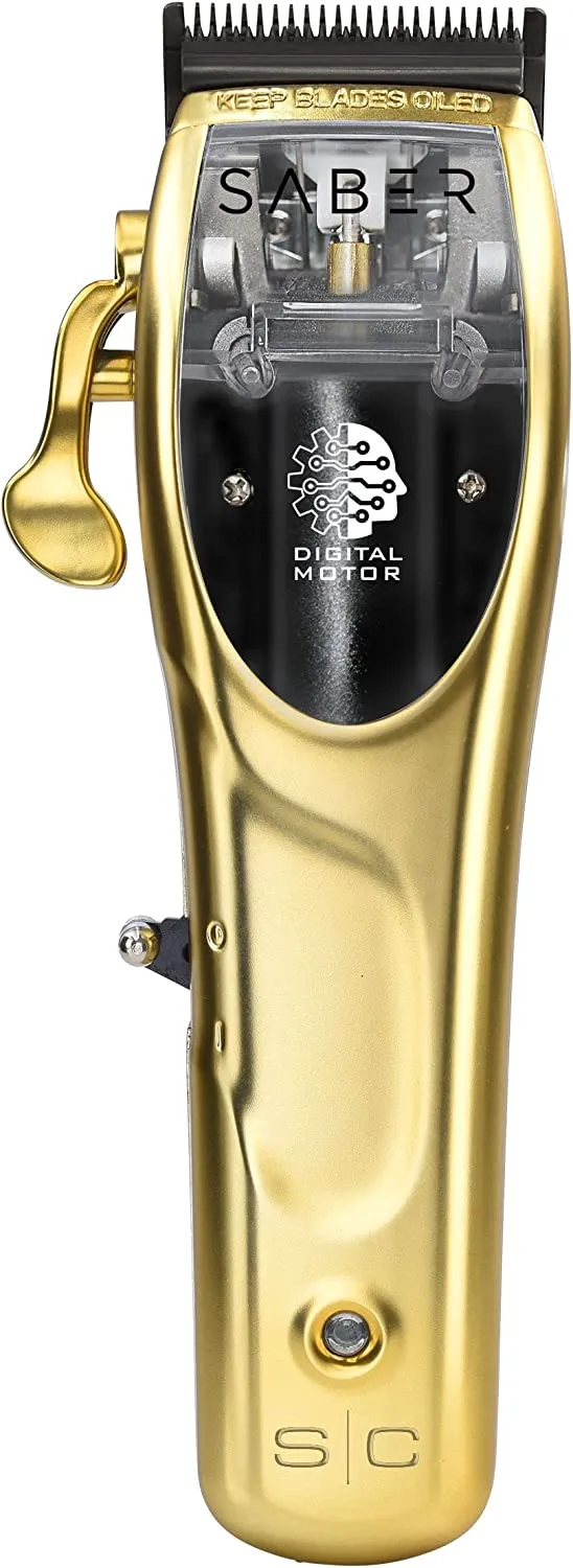 StyleCraft Digital Brushless Motor Saber Professional Metal Body Cordless Hair Clipper, Modular, Double Black Diamond Carbon Blades, 8 Guards, Gold