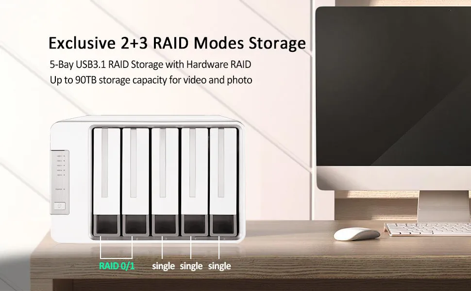 TERRAMASTER D5-300C USB3.1 (Gen1) Type C 5-Bay RAID Enclosure Support RAID 0/1/Single Exclusive 2 3 RAID Mode Hard Drive RAID Storage (Diskless)