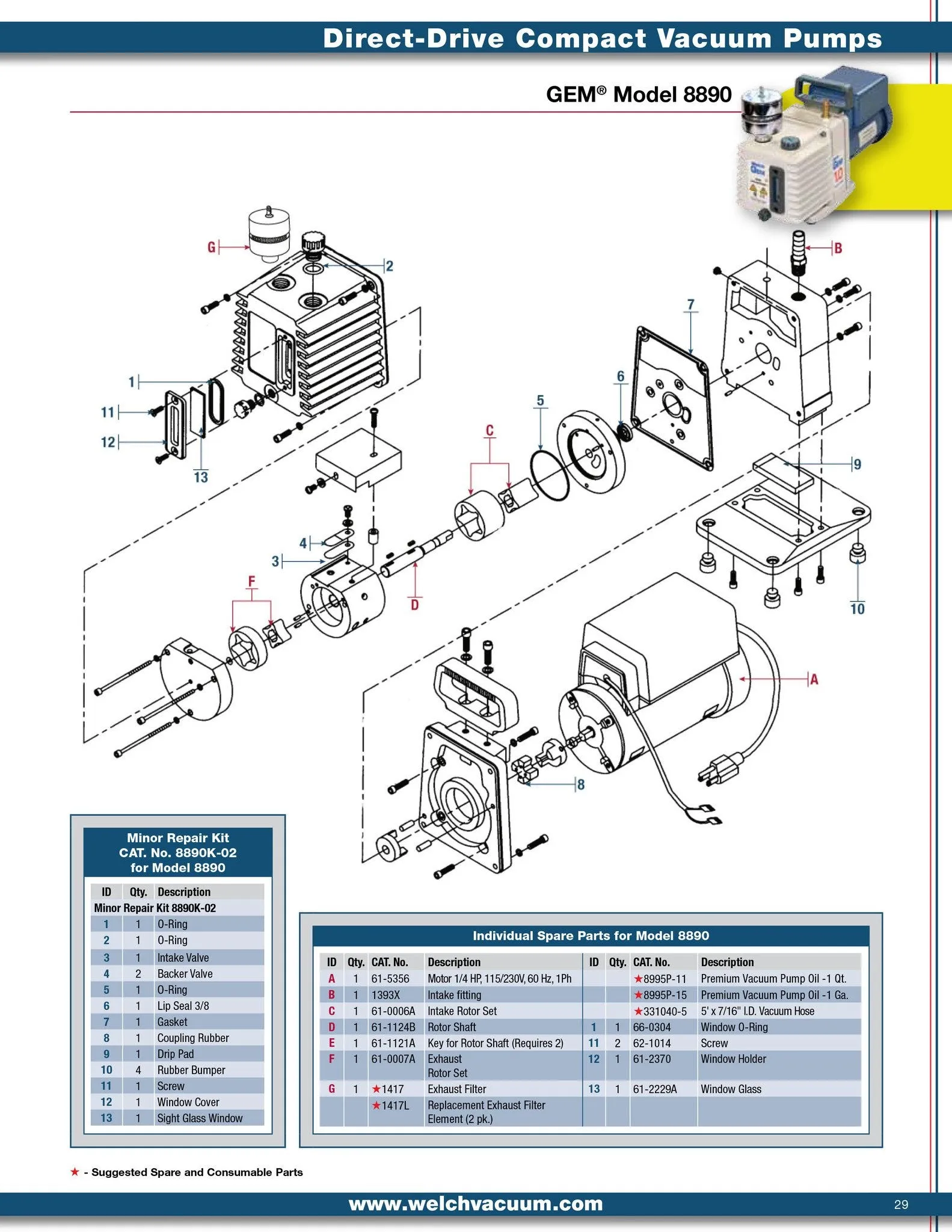 Welch 8890K-02 MINOR REPAIR KIT, for 8890 Vacuum Pump